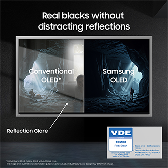 Samsung OLED jämfört med vanlig display: djupare svärta, ingen bländning. VDE‑certifierad äkta svärta visas i en grottscensjämförelse.