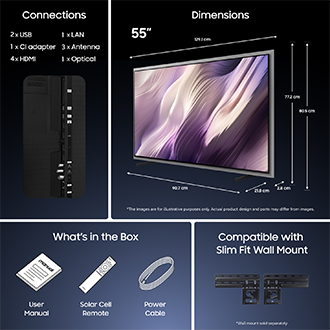 55‑tum TV: 129,1 cm bred, 77,2 cm hög. Inkluderar 2× USB, 1× LAN, 3× antenn, 4× HDMI och 1× optisk port. Solcellsfjärrkontroll, manual och strömkabel ingår. Väggmonteringskompatibel (fäste säljs separat).