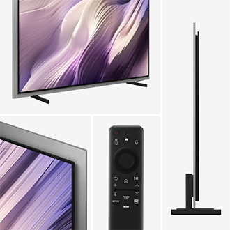 Elegant silverfärgad TV: livfull lila abstrakt bild, slimmad design. Visas med svart fjärrkontroll med streamingknappar.