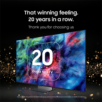 TV som firar 20 år som global nummer ett med livfull skärm, texten ”That winning feeling” och gyllene gnistor mot svart bakgrund.