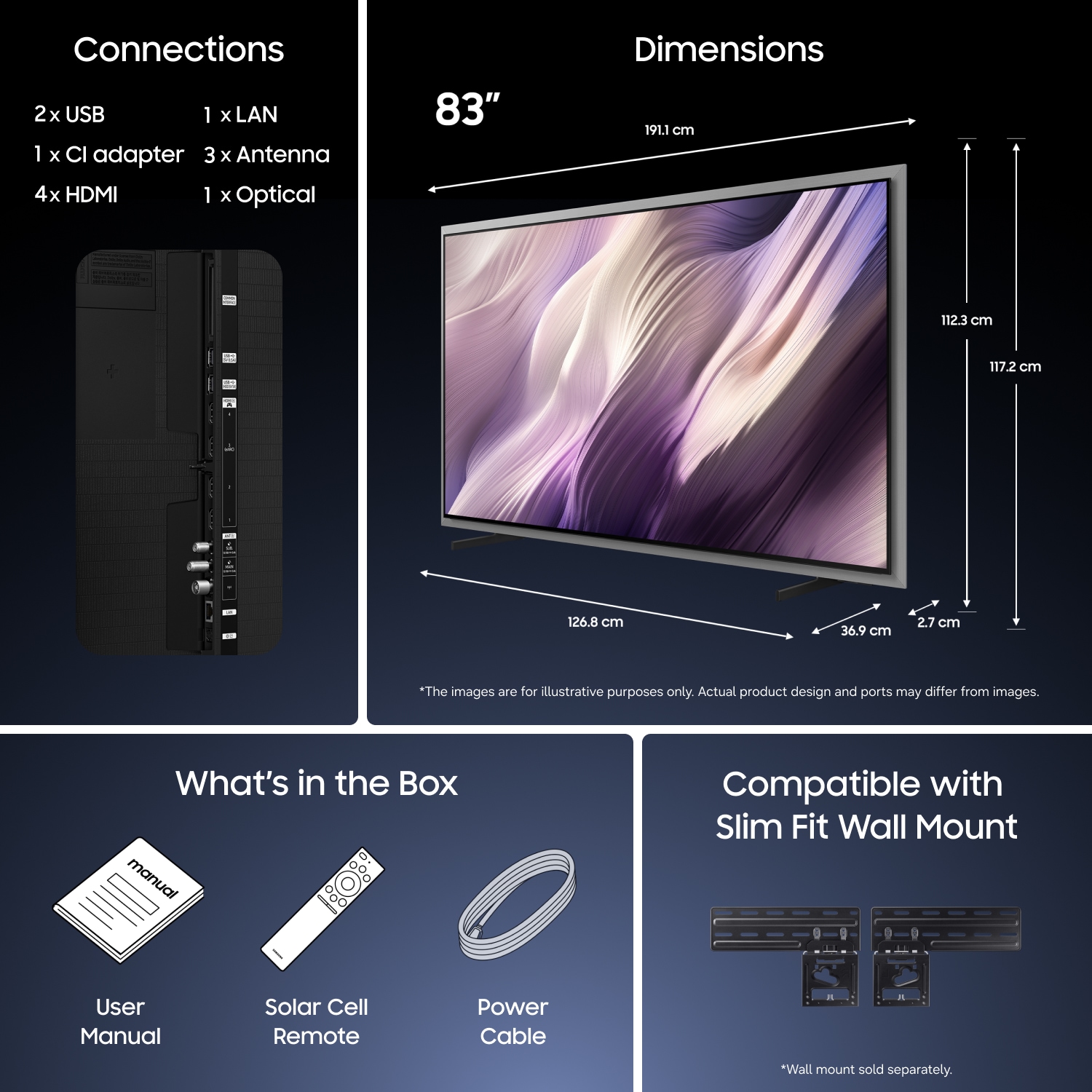 83‑tum TV: slimmad design, 4× HDMI, USB och LAN‑portar. Väggmonteringskompatibel. Solcellsfjärrkontroll och strömkabel ingår. Manual medföljer.