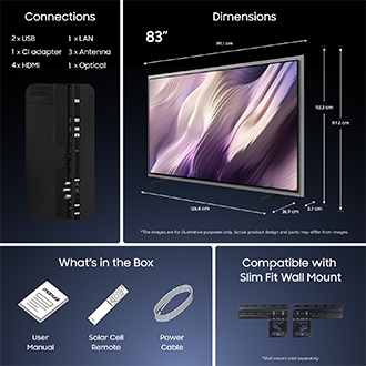 83‑tum TV: slimmad design, 4× HDMI, USB och LAN‑portar. Väggmonteringskompatibel. Solcellsfjärrkontroll och strömkabel ingår. Manual medföljer.