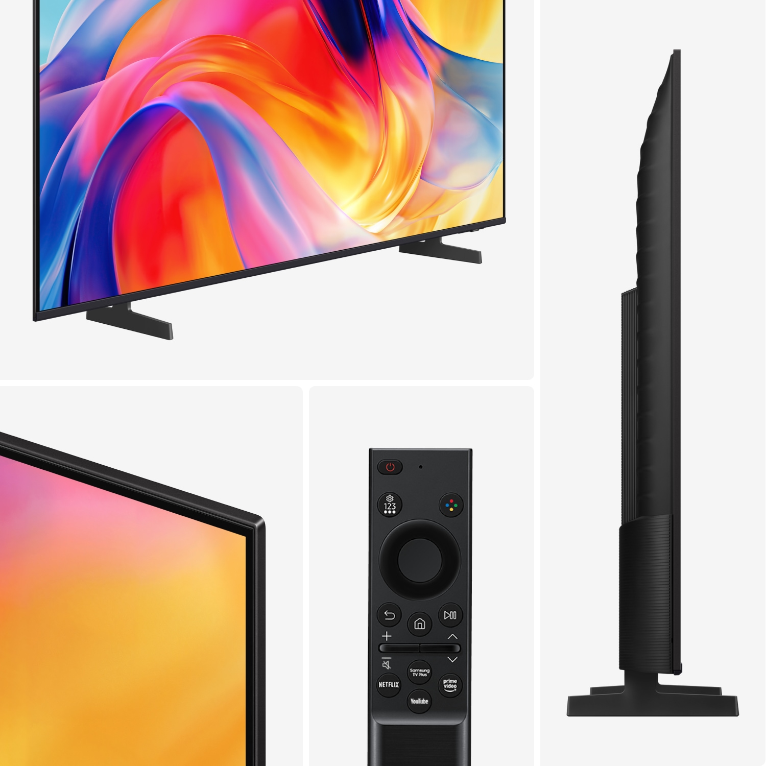 Samsung‑TV och dess fjärrkontroll från flera vinklar. TV:n har ultratunna ramar, ett minimalistiskt stativ och en färgstark skärm med abstrakta mönster. Den eleganta svarta fjärrkontrollen har dedikerade knappar för Netflix, YouTube, Prime Video, Samsung TV Plus och Google Assistant. En sidovy framhäver TV:ns tunna design.
