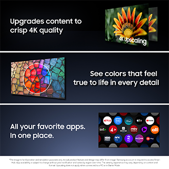 Bild som visar Samsung-TV: Överst ”Skarp 4K‑uppskalning” med en livfull blomdemonstration; i mitten ”Levande, naturtrogna färger” i rika nyanser; nederst ”Alla dina appar på ett ställe” med Netflix, Disney+, Prime Video m.fl.