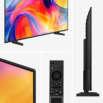 Samsung‑TV och dess fjärrkontroll från flera vinklar. TV:n har ultratunna ramar, ett minimalistiskt stativ och en färgstark skärm med abstrakta mönster. Den eleganta svarta fjärrkontrollen har dedikerade knappar för Netflix, YouTube, Prime Video, Samsung TV Plus och Google Assistant. En sidovy framhäver TV:ns tunna design.