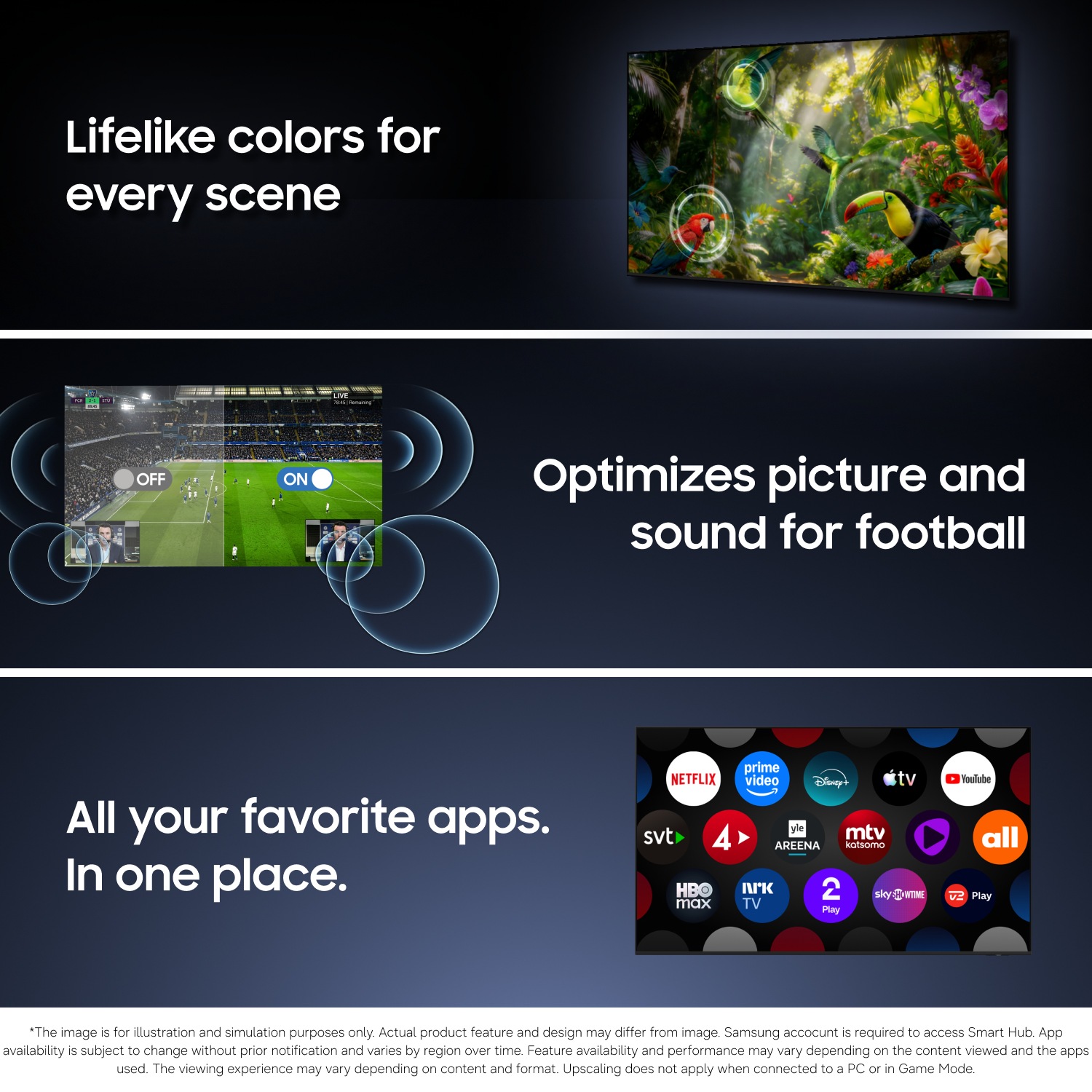 TV screen displays vibrant jungle scene, football match optimization, and app hub featuring Netflix, YouTube, Disney+, and more.