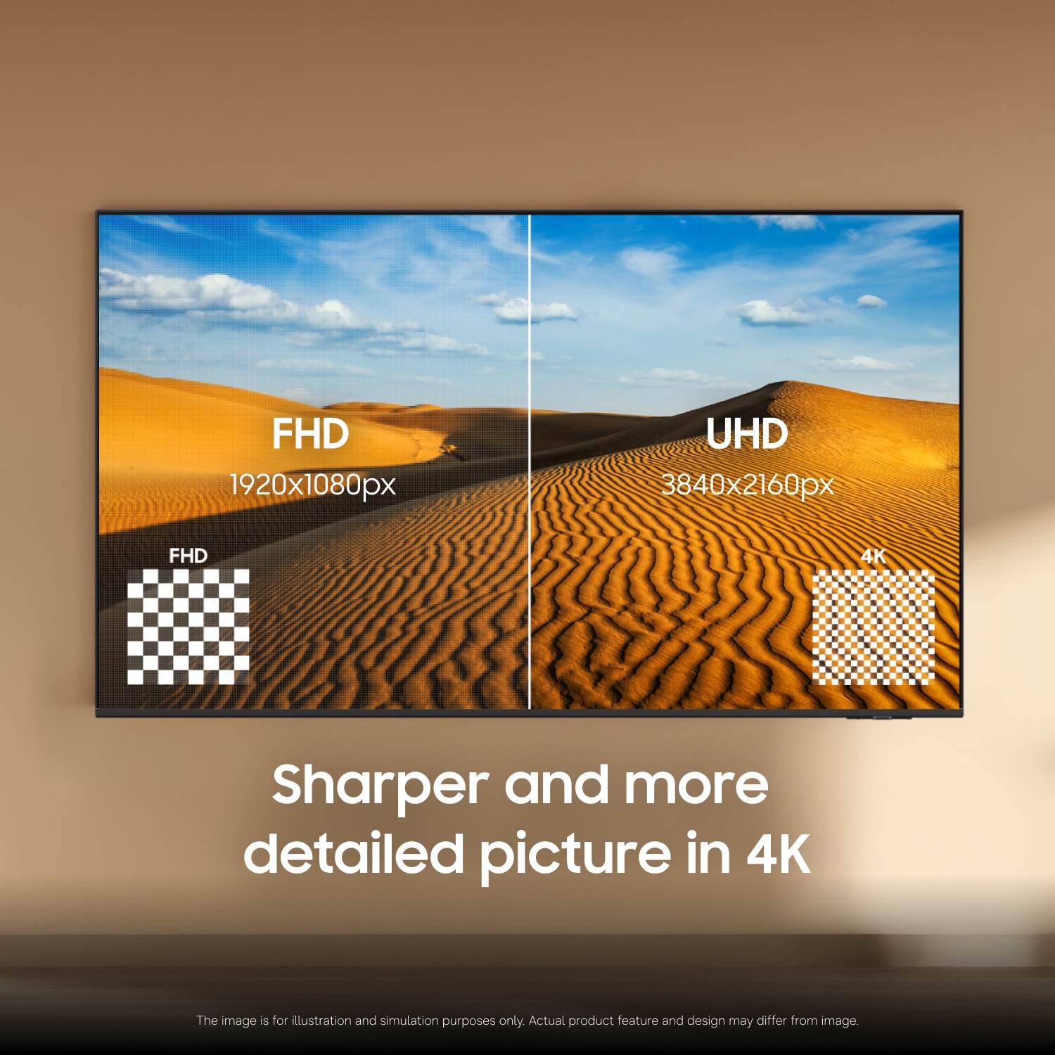 TV screen compares FHD vs UHD resolution with desert scene, showcasing sharper 4K detail. Text: "Sharper and more detailed picture in 4K".