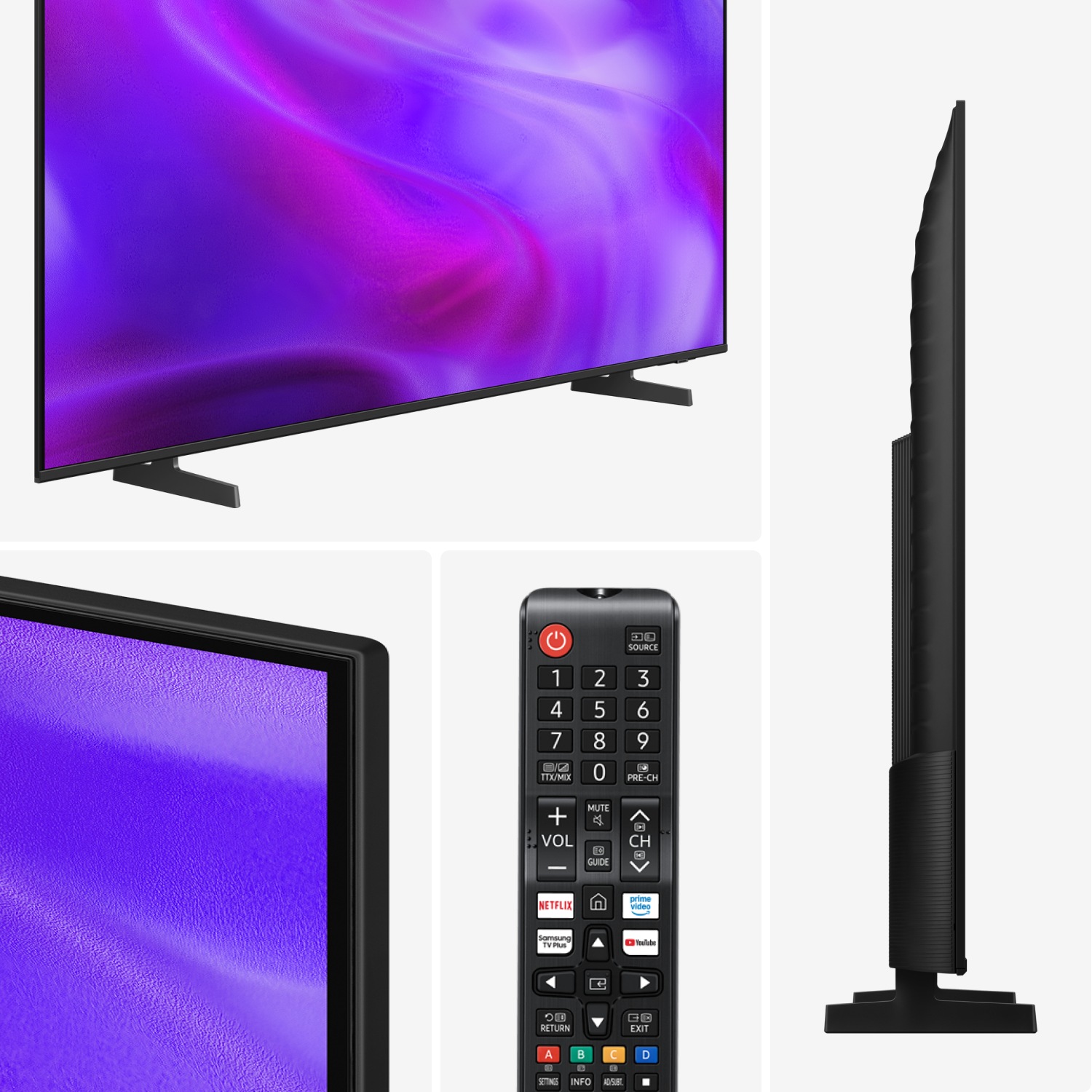 Sleek black TV with vibrant purple and pink abstract screen, minimalist stand, and ultra-thin design shown from front view.