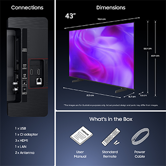 43" TV with detailed specs: ports, dimension, and box contents including remote, manual, power cable. Illustrative only.
