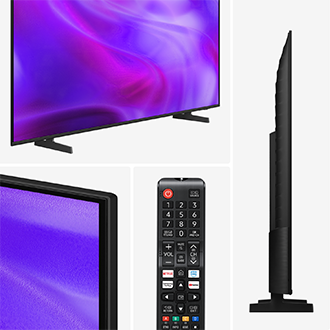 Sleek black TV with vibrant purple and pink abstract screen, minimalist stand, and ultra-thin design shown from front view.
