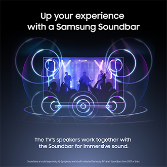 TV with Samsung Soundbar enhancing audio, delivering immersive concert-like sound for dynamic viewing experience.