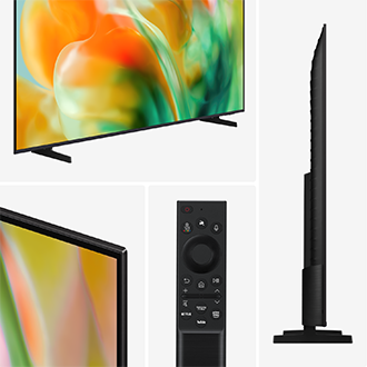 Slim black TV with vibrant abstract display, remote control featuring Netflix & YouTube buttons, and side profile view.
