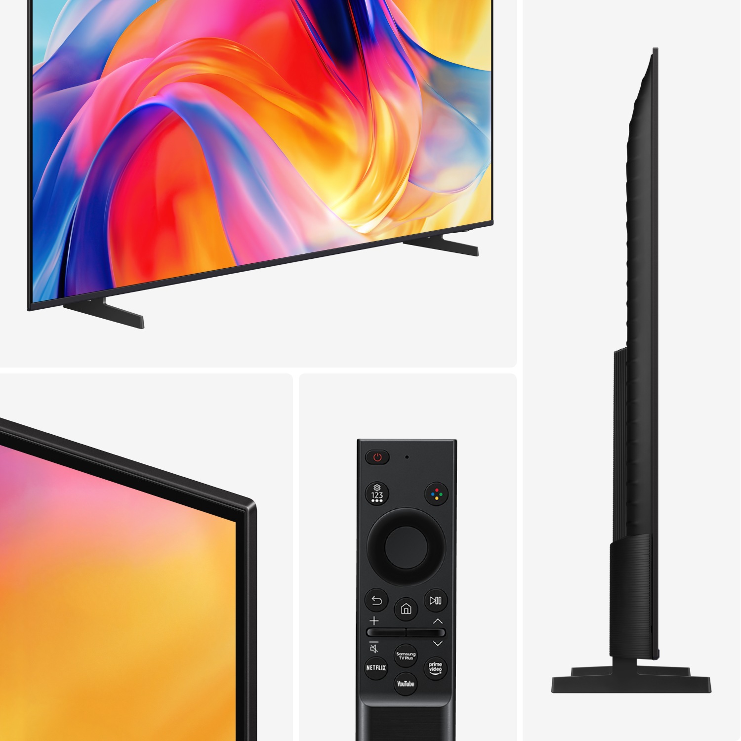 Samsung‑TV och dess fjärrkontroll från flera vinklar. TV:n har ultratunna ramar, ett minimalistiskt stativ och en färgstark skärm med abstrakta mönster. Den eleganta svarta fjärrkontrollen har dedikerade knappar för Netflix, YouTube, Prime Video, Samsung TV Plus och Google Assistant. En sidovy framhäver TV:ns tunna design.