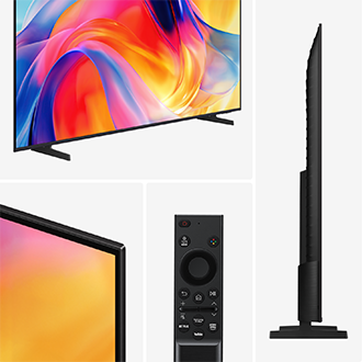 Samsung‑TV och dess fjärrkontroll från flera vinklar. TV:n har ultratunna ramar, ett minimalistiskt stativ och en färgstark skärm med abstrakta mönster. Den eleganta svarta fjärrkontrollen har dedikerade knappar för Netflix, YouTube, Prime Video, Samsung TV Plus och Google Assistant. En sidovy framhäver TV:ns tunna design.
