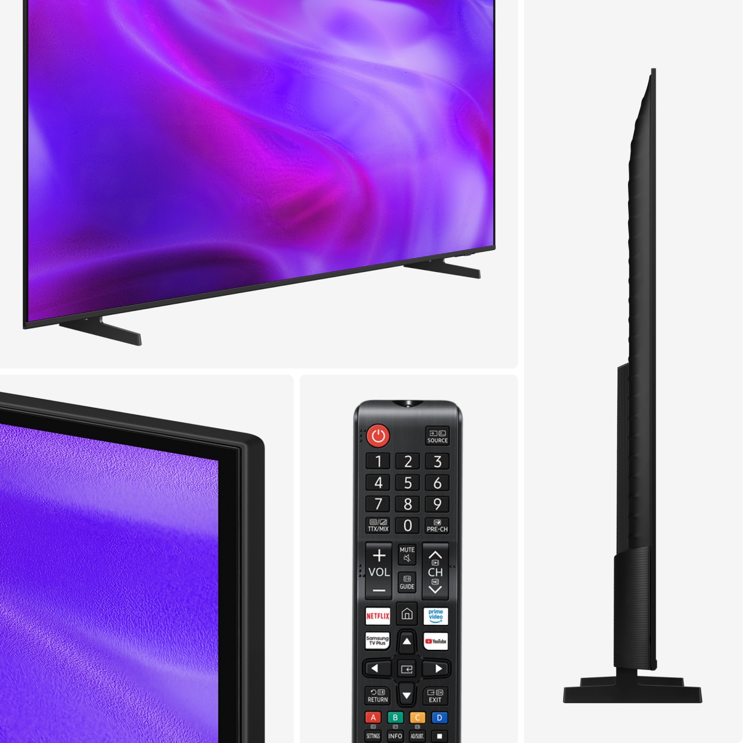Sleek black TV with vibrant purple and pink abstract screen, minimalist stand, and ultra-thin design shown from front view.