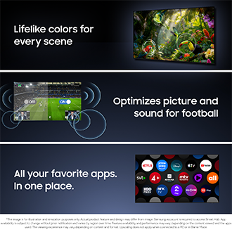 TV displays vibrant jungle scene, football match optimization, and app hub featuring Netflix, YouTube, Disney+, and more.