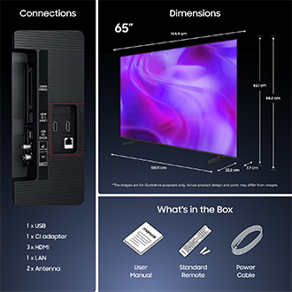 65" TV with detailed specs: ports, dimension, and box contents including remote, manual, power cable. Illustrative only.