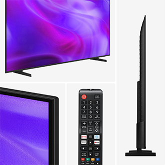 Sleek black TV with vibrant purple and pink abstract screen, minimalist stand, and ultra-thin design shown from front view.