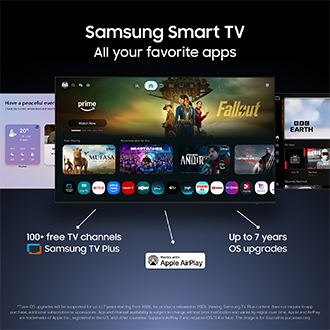 Smart TV interface displaying Netflix, Prime Video, and Apple AirPlay, with up to 7 years of OS updates and 300+ free channels.