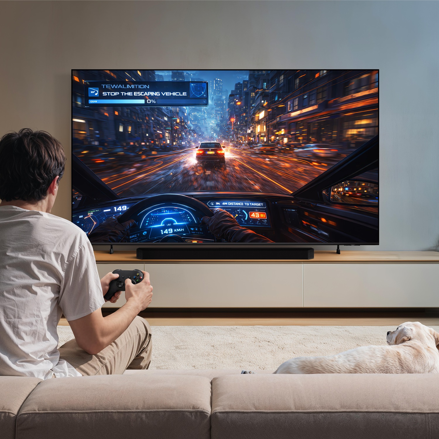 Person gaming on a Samsung Mini LED TV in a living room, racing through a neon-lit city with sharp detail, vivid colors, and smooth motion.