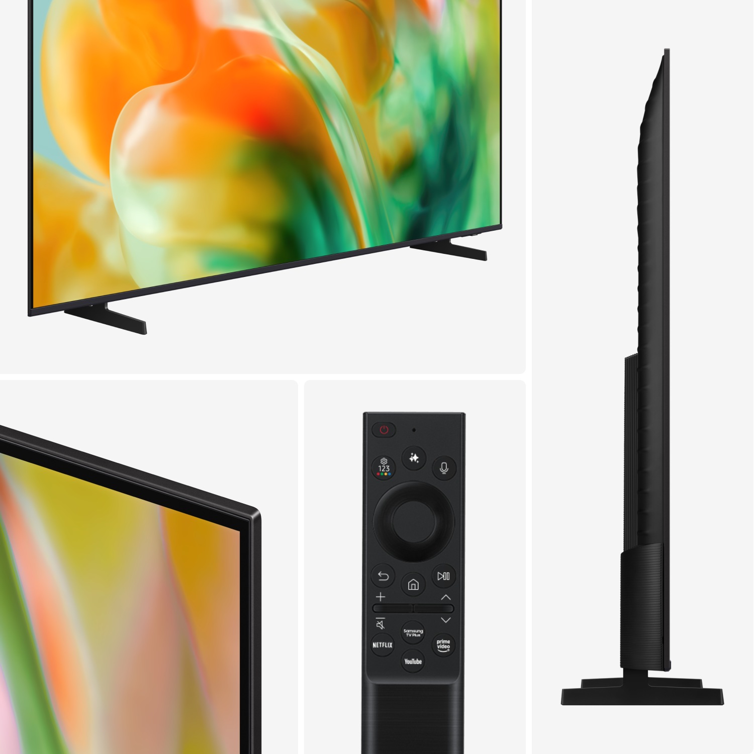 Slim black TV with vibrant abstract display, remote control featuring Netflix & YouTube buttons, and side profile view.