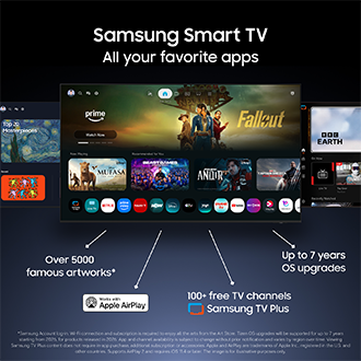 Smart TV interface displaying Netflix, Prime Video, and Apple AirPlay, with up tp 7 years of OS updates and 300+ free channels.
