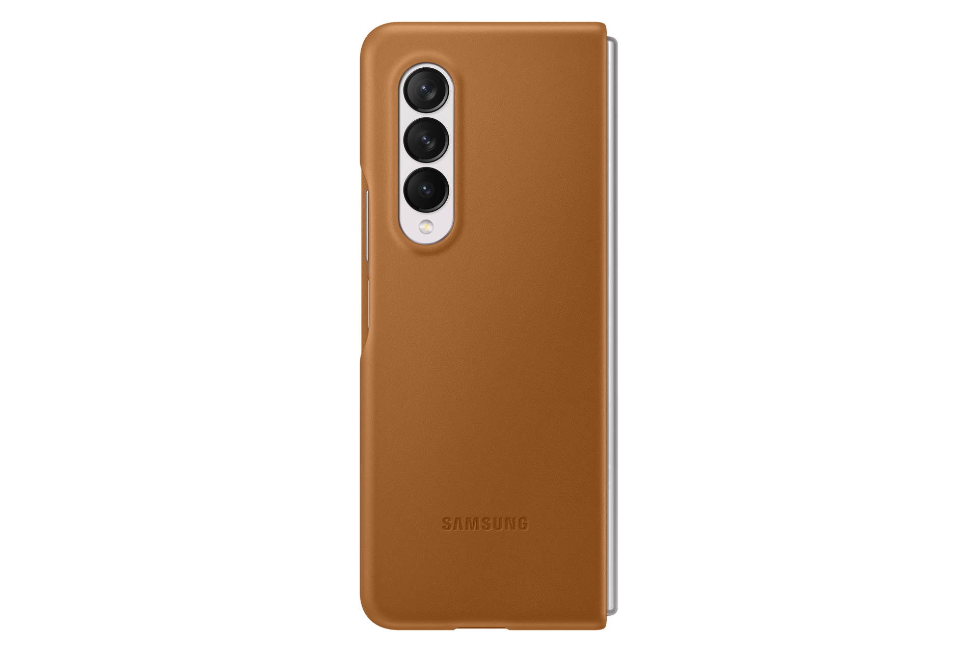 A back-side of the Samsung Z Fold 3 leather case in camel colour made with soft leather keeps the grip comfortable while using a phone