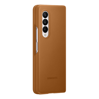 A dynamic view of the Samsung Galaxy Z Fold 3 leather case in camel colour comes with soft leather and a slim profile