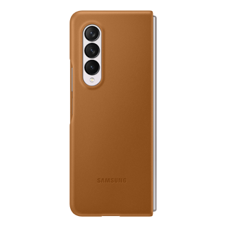 A back-side of the Samsung Z Fold 3 leather case in camel colour made with soft leather keeps the grip comfortable while using a phone