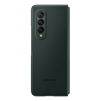 A back view of the Samsung Z Fold 3 leather case in green shows a soft leather cover with a unique design. Buy Fold 3 leather cases here