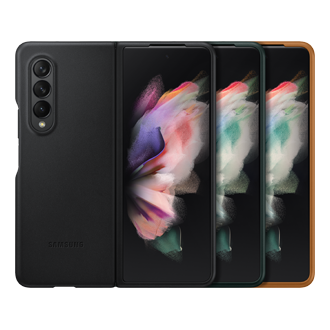 A set-cut of three Samsung Galaxy Fold 3 cases in black, green and camel, all Fold 3 leather cases show its display with graphic