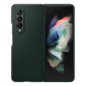 The front of the green Samsung Fold 3 leather case (EF-VF926LGEGWW) designs with leather brings softness to the exterior of your phone