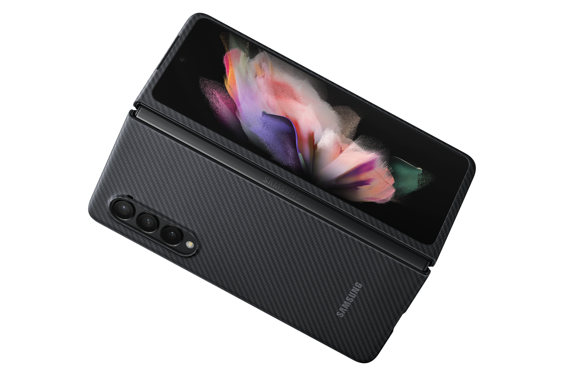 A dynamic view of a black Samsung Aramid cover for Galaxy Z Fold3 snaps to your phone without adding bulkiness. Buy Aramid cover for Fold 3 here