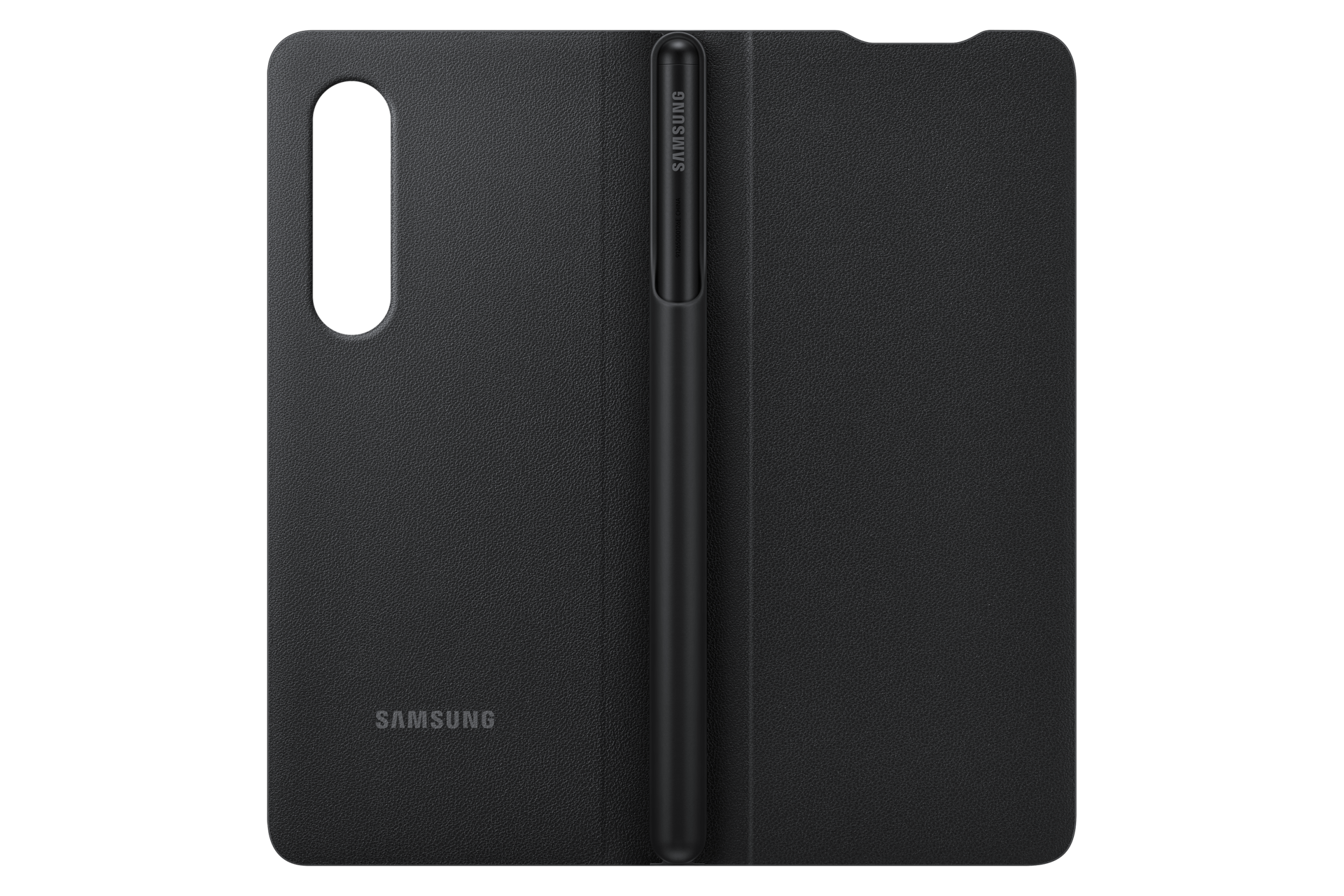 A back-side of a black Samsung Fold 3 cover with an S Pen infused with an antimicrobial coating to keep your case clean