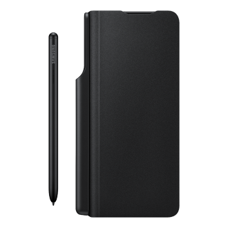 The front of a black Samsung Z Fold 3 case with an S Pen comes with an S Pen compartment. Learn more about Z Fold 3 case with an S Pen here