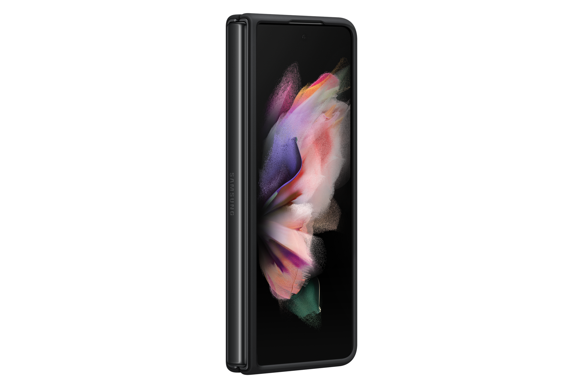 A dynamic view of the black Samsung Z Fold 3 cover protects a phone from the front to the rear while keeping the sleek shape intact