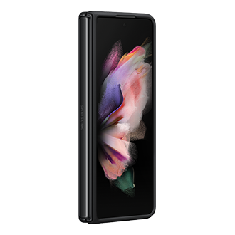 A dynamic view of the black Samsung Z Fold 3 cover protects a phone from the front to the rear while keeping the sleek shape intact
