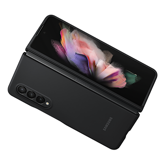 A dynamic Galaxy Z Fold 3 case in black made with a soft grip material with a matte finish style to enhance the look of a phone