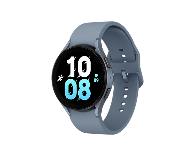 Diagonal front view of the Samsung Galaxy Watch 5 44mm Bluetooth in Sapphire Colour. Check out the specs and features at Samsung Singapore.