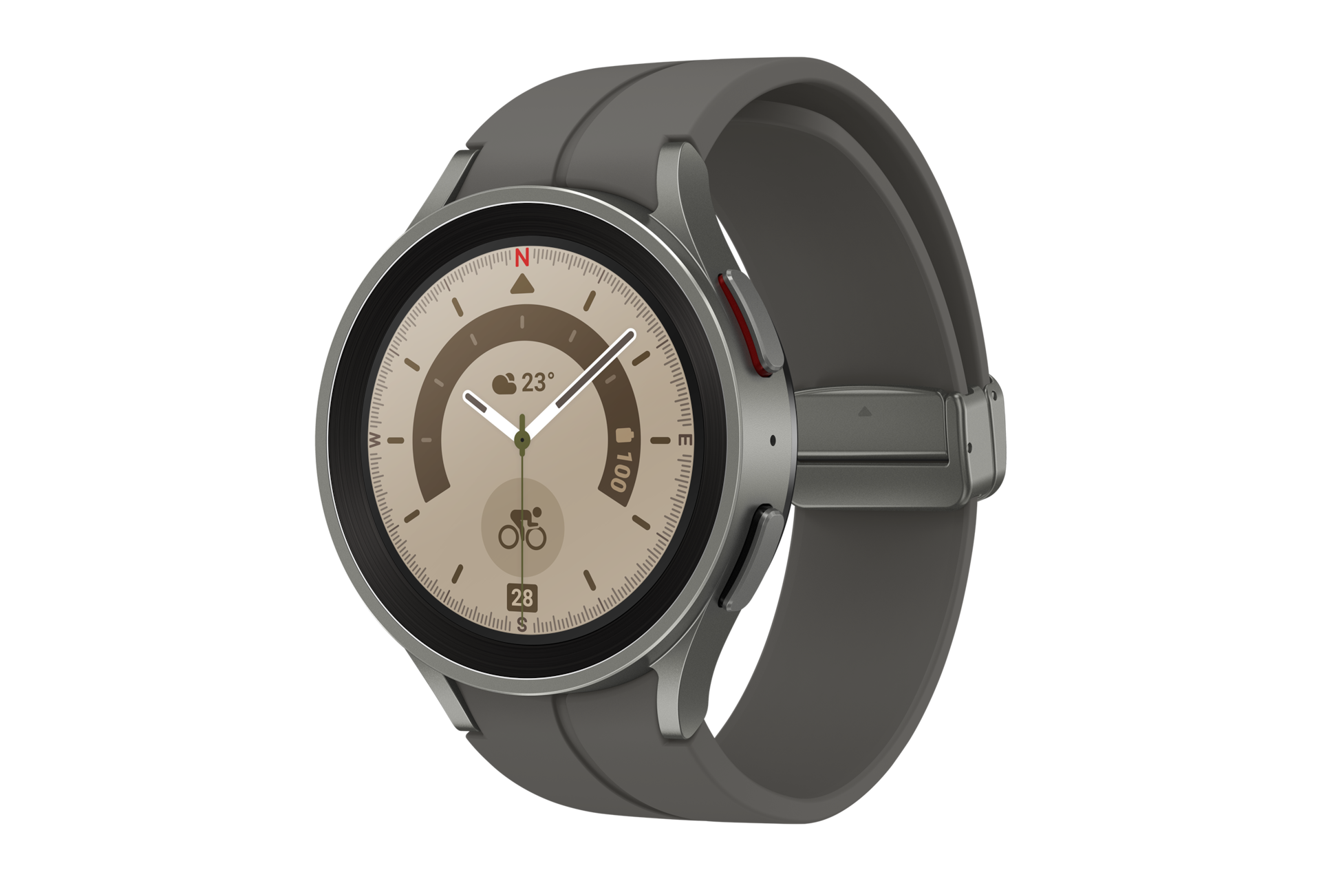 Diagonal front view of the Samsung Galaxy Watch 5 Pro Bluetooth in Gray Titanium. Check out the specs and features at Samsung Singapore.