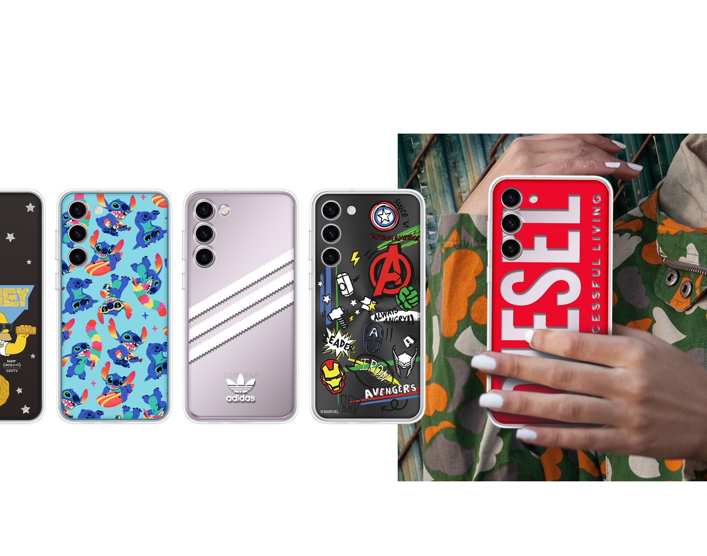 View of selection of backplates with various designs in partnership with other brands like Adidas and Diesel.