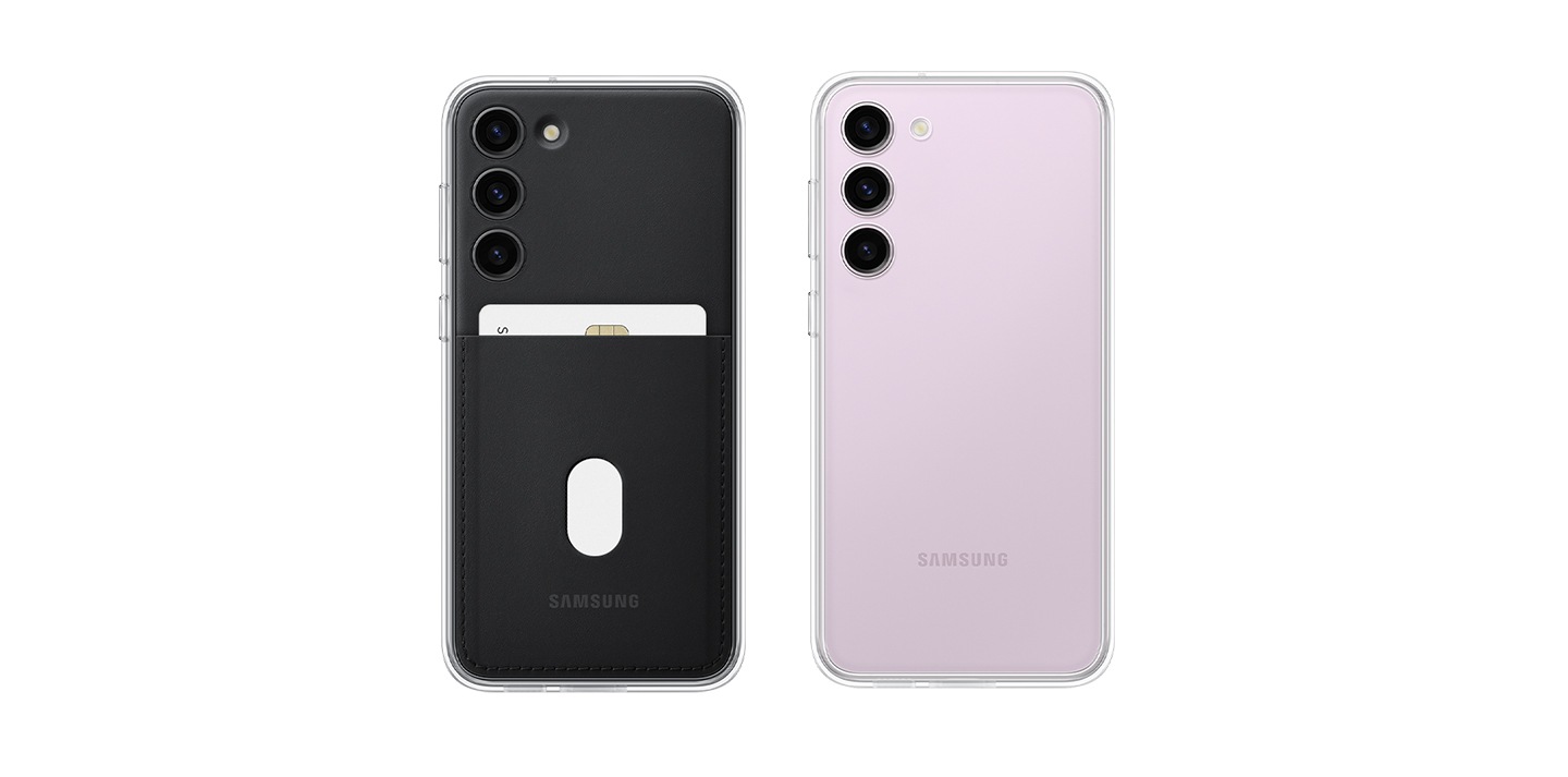 Deconstructed parts of two cases are shown on the left and right. They are composed of a Galaxy S23+ 5G phone and a frame but the one on the left has a black backplate with a card slot while the other has a transparent backplate. The components of each case are assembled onto each device.