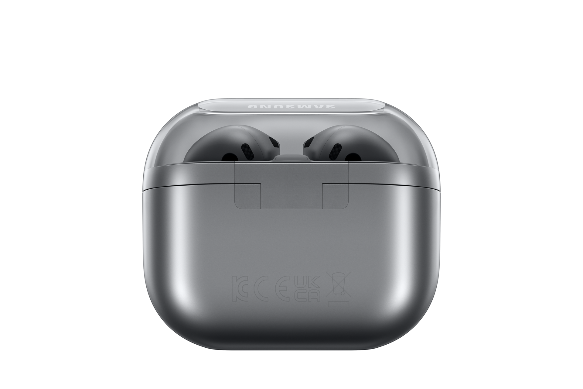 The back side view of the Galaxy Buds3 charging case, displayed in Silver colour.