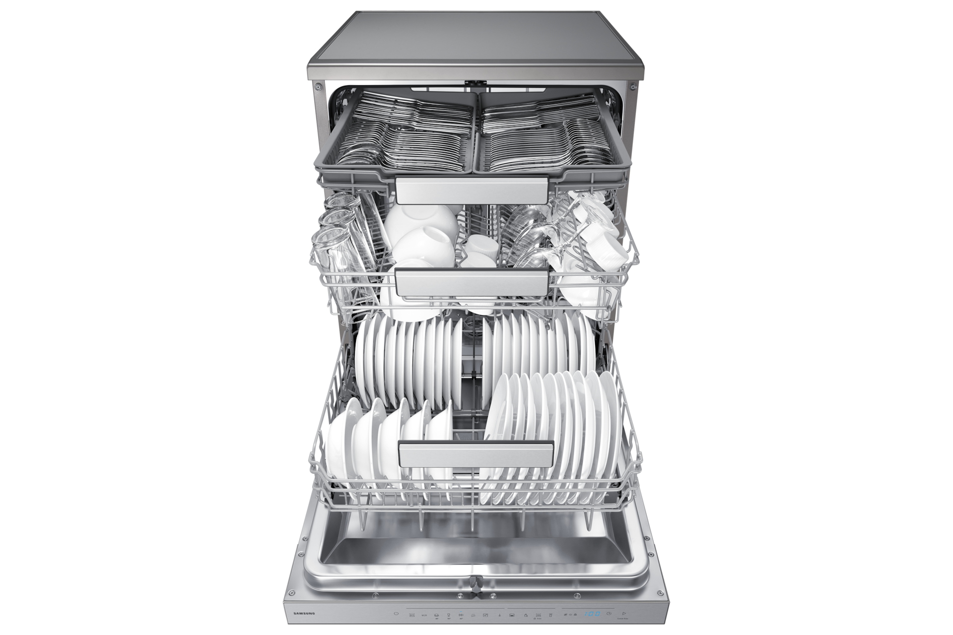 DW70HM FreeStanding Dishwasher Hygiene Care AutoRelease and Flex Load Front-Open3 Silver 