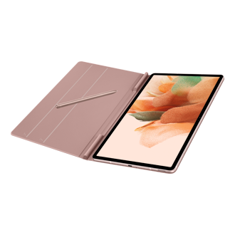 A dynamic-open view of the Samsung Galaxy Tab S7 FE case in pink shows an S Pen compartment with an S Pen laid on an inside cover