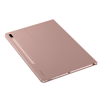 A dynamic Samsung Tab S7 FE cover in pink shows an S Pen compartment to keep an S Pen with you anywhere. Get Samsung Galaxy Tab S7 FE cover here