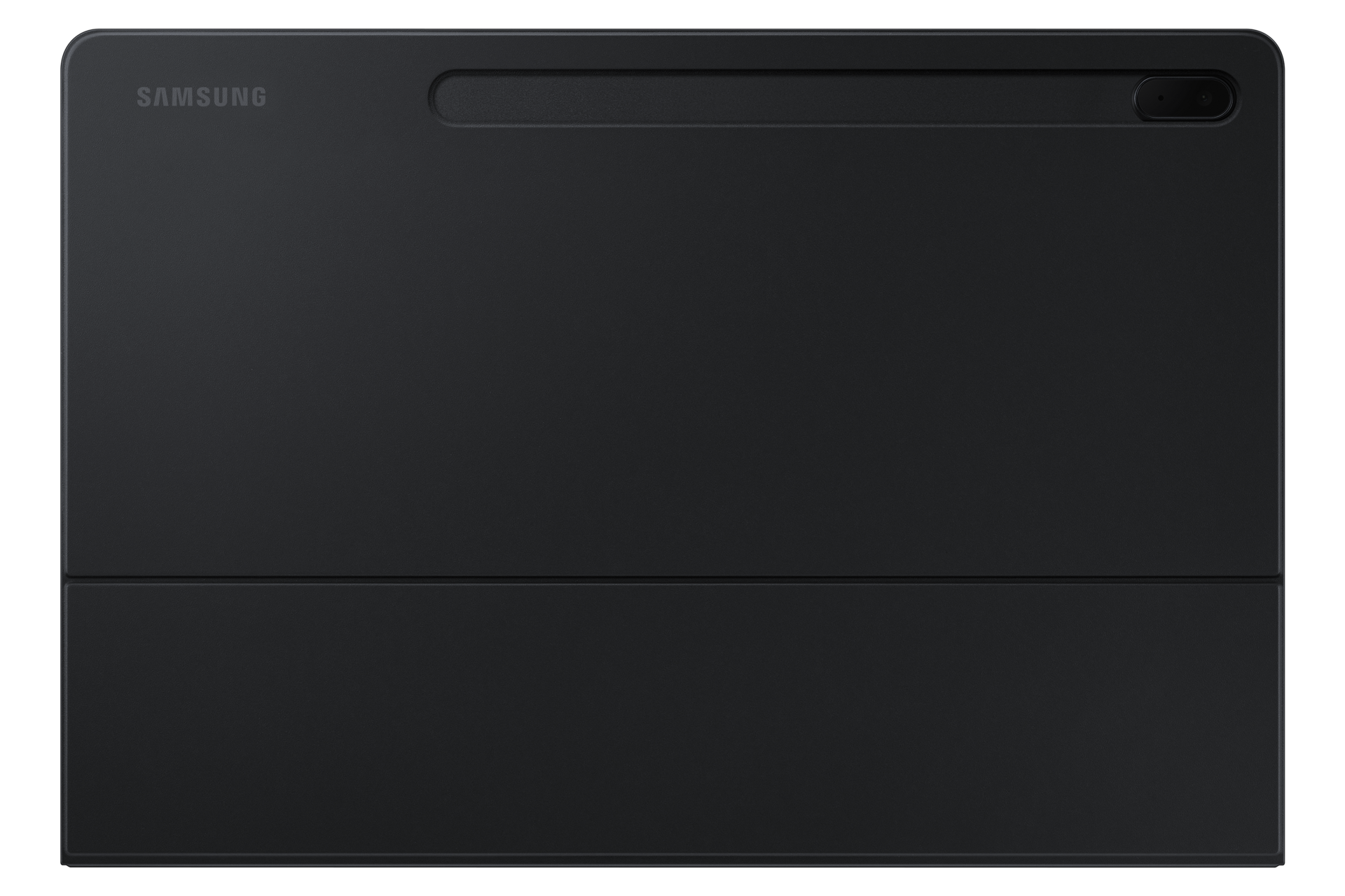 A back view of the Samsung Tab S7 FE keyboard in black with an S Pen compartment and infused with an antimicrobial coating