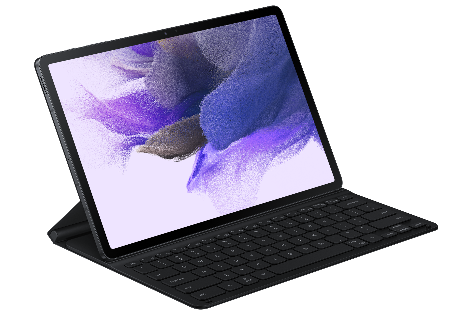 A standing Galaxy Tab S7 FE keyboard cover in black at a 60° angle for a view that doesn't strain your neck. Buy Samsung S7 FE keyboard