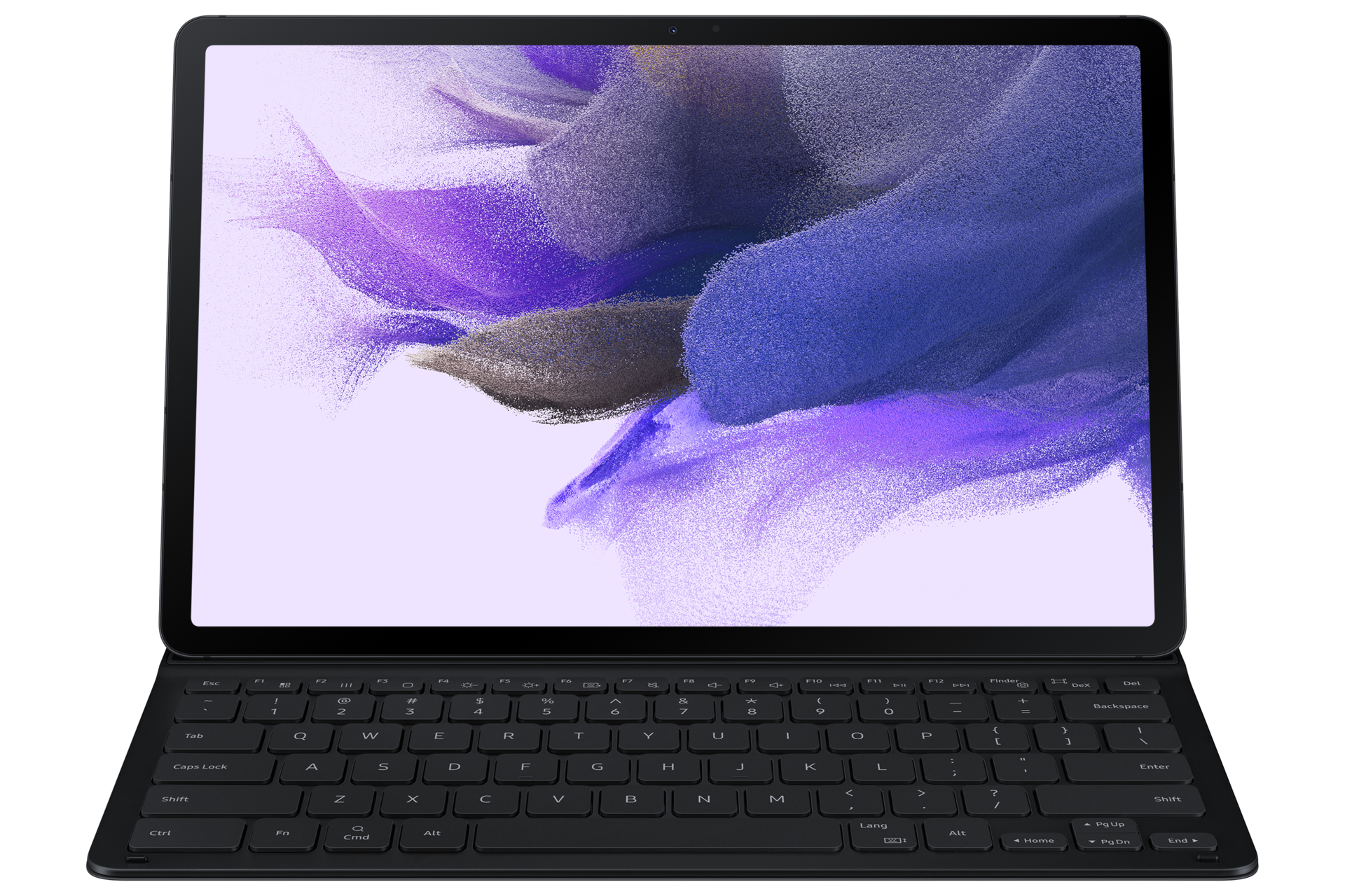 A standing-front view of a black Samsung Tab S7 FE keyboard shows a graphic screen and wireless-Bluetooth keyboard sharing