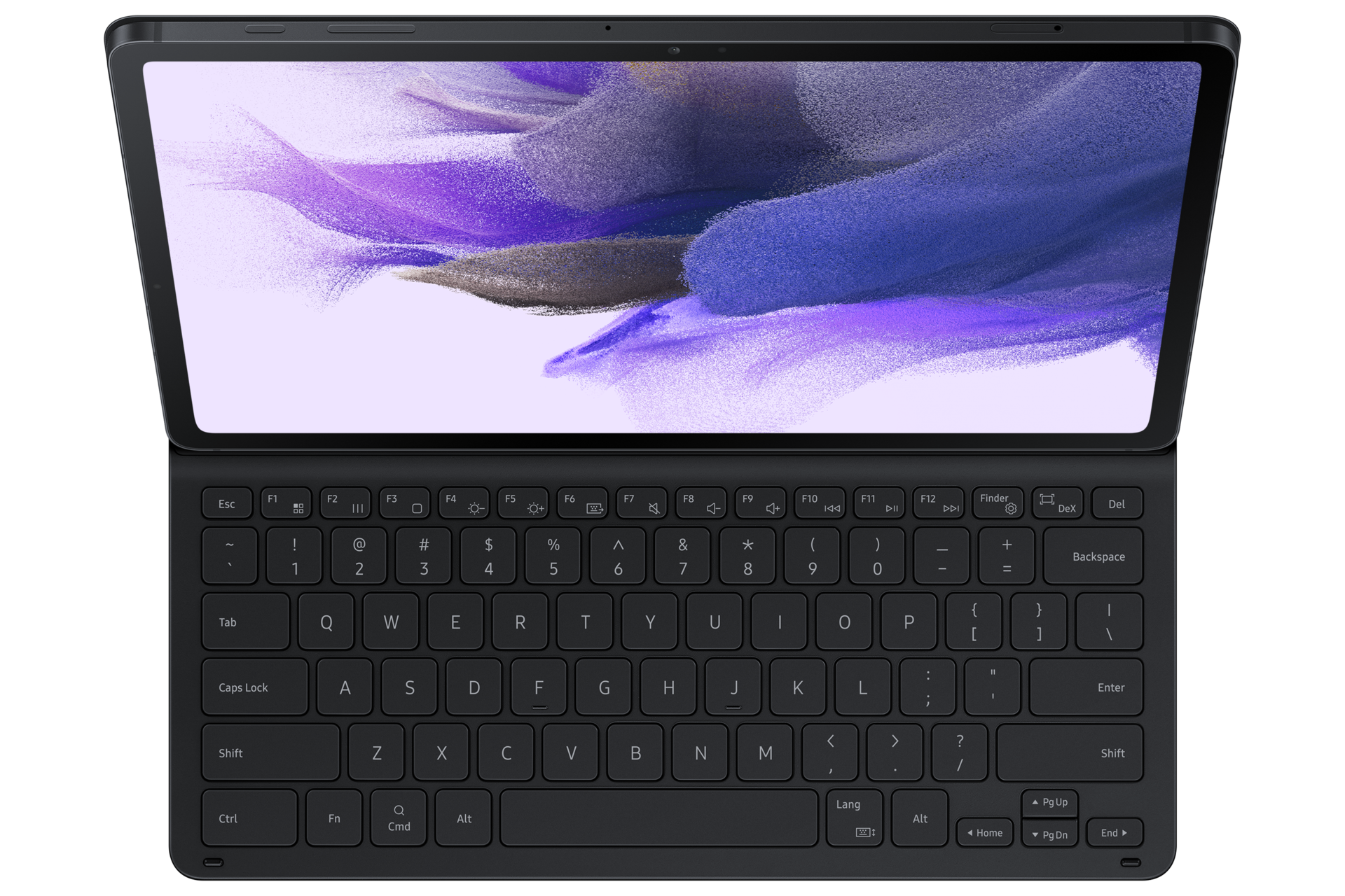 A dynamic black Samsung Galaxy Tab S7 FE keyboard shows a top-view keyboard that you can accurately type while using Samsung DeX